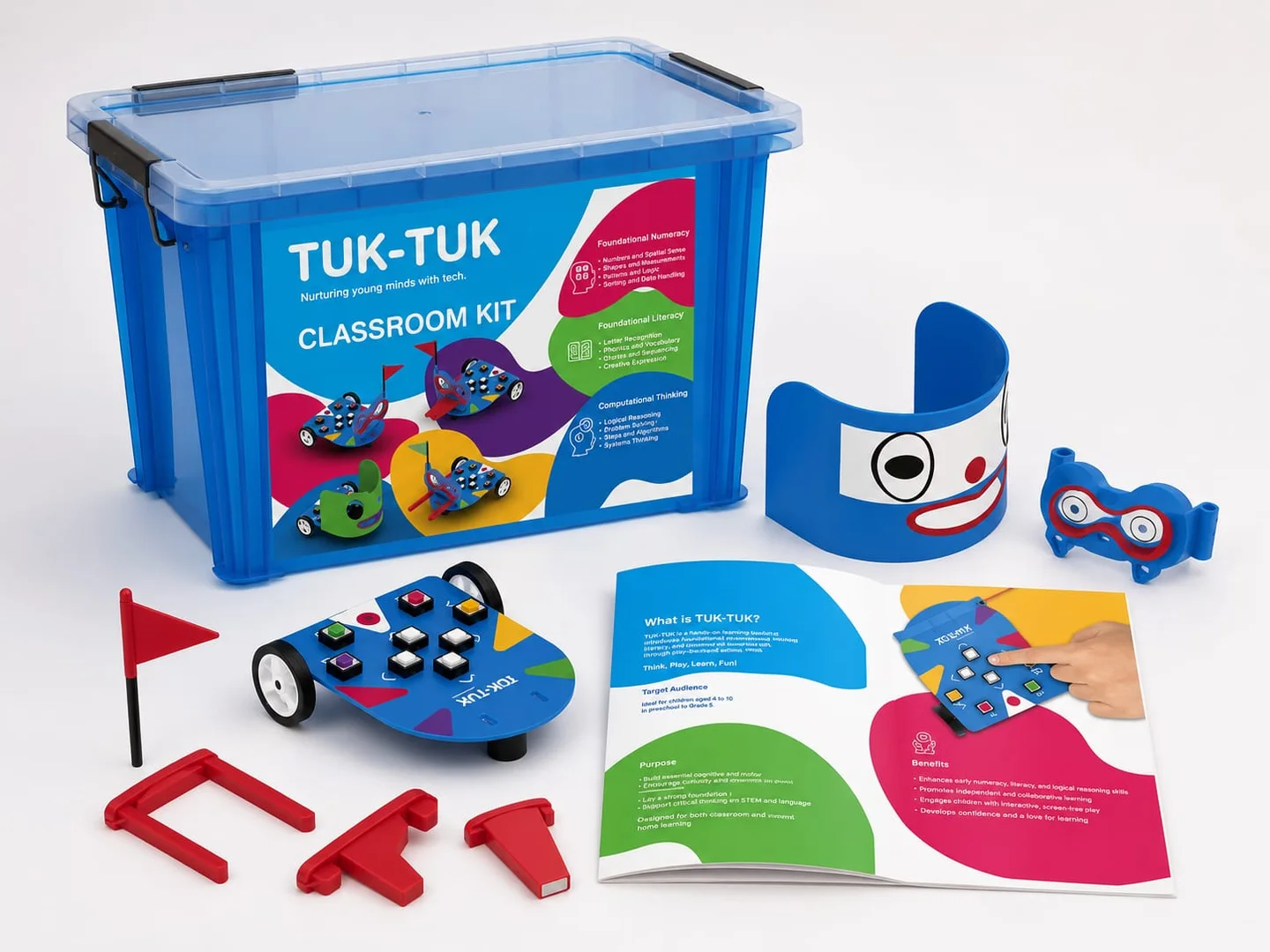 TUK-TUK classroom kit with robot, storage box, booklet and pictured accessories